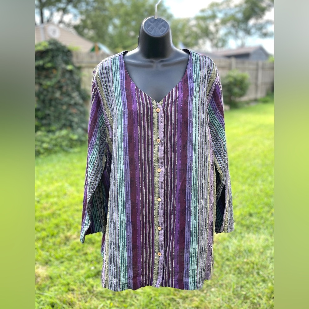 Roamans womens boho hippie tunic top size 22W artsy button down V neck textured